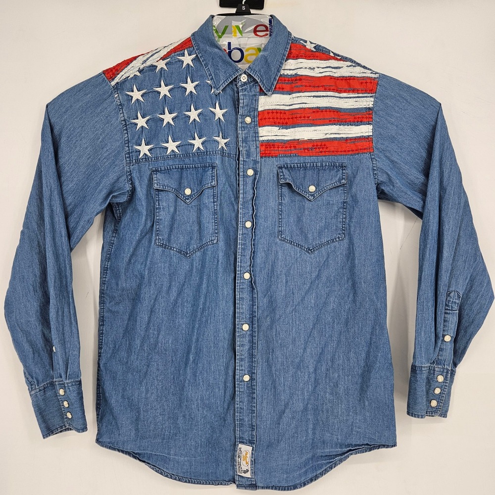 Vintage Panhandle Slim Shirt‎ Mens Large Button Up USA Flag Stars Long Sleeve